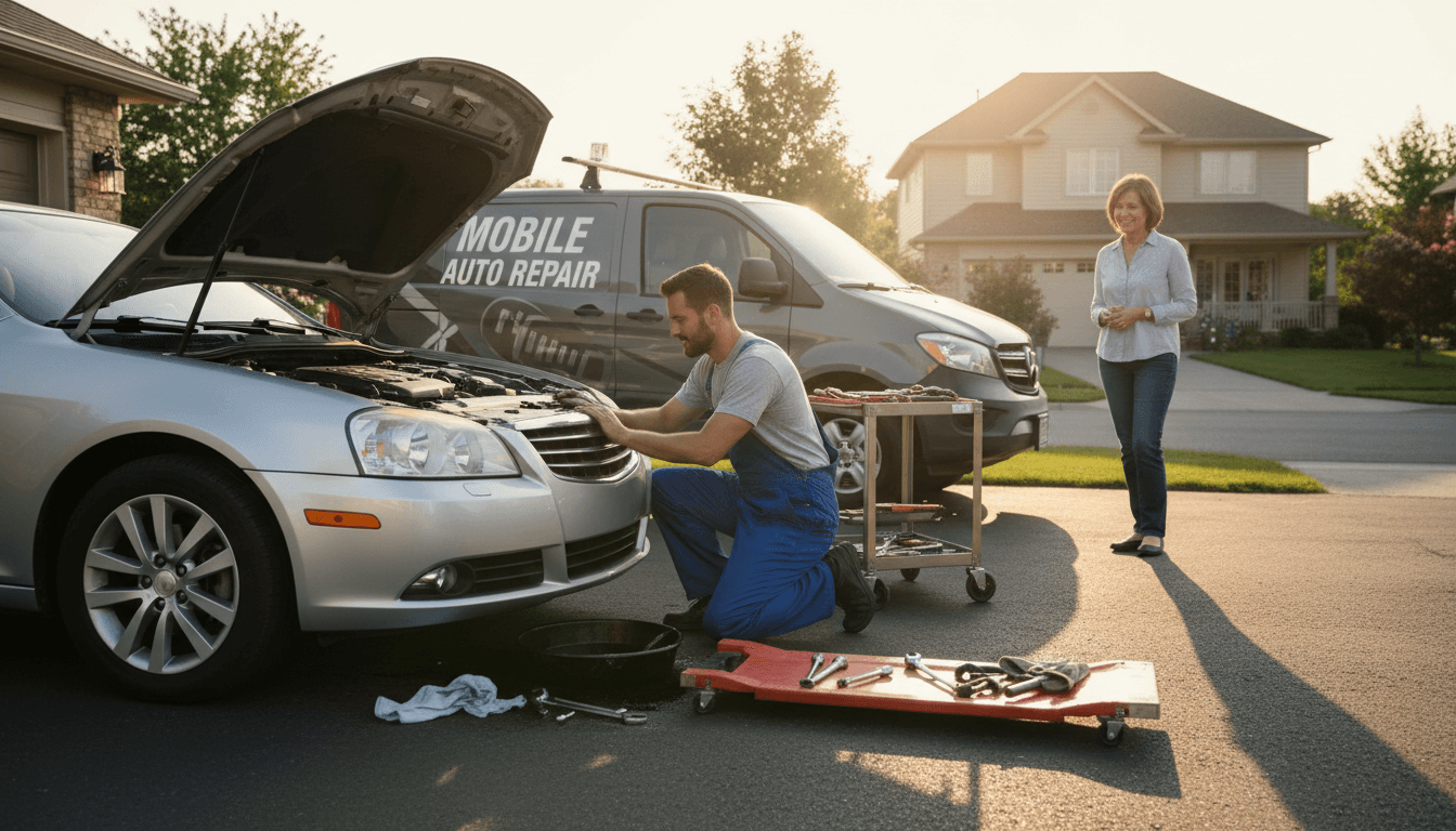Mobile mechanic repairing a car at a customer's home