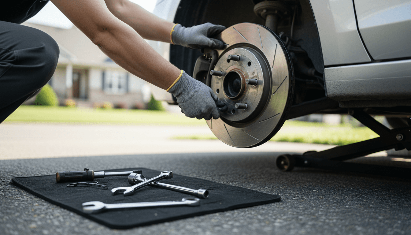 Mobile mechanic replacing brake disc in a driveway