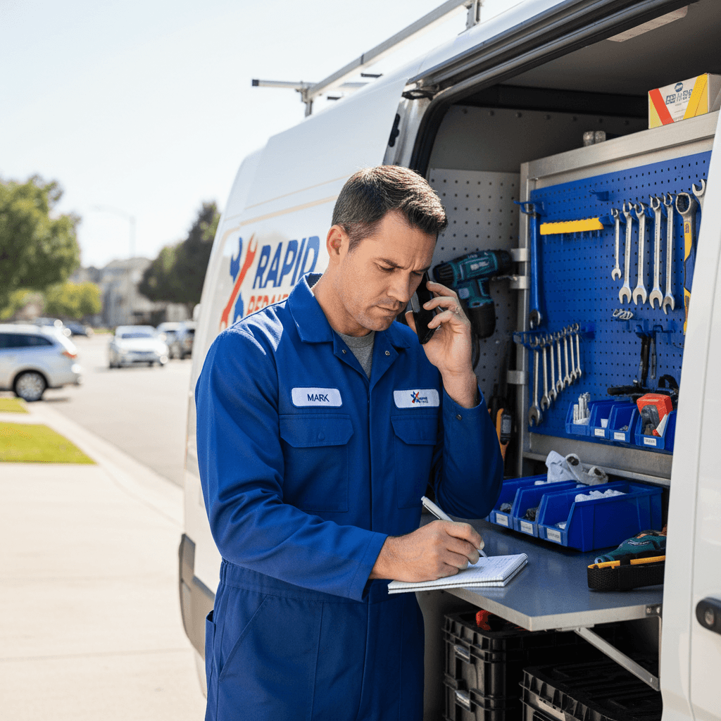 Mobile mechanic taking notes on a clipboard beside a service van