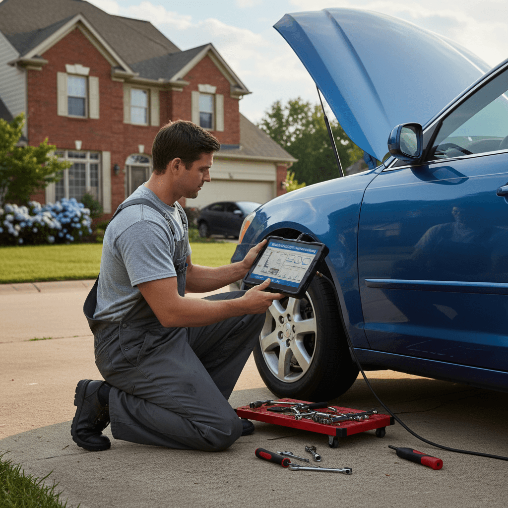 Mechanic using a diagnostic scanner on a car in a residential driveway