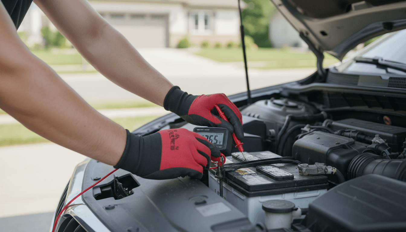 Mobile mechanic testing a car battery in a driveway