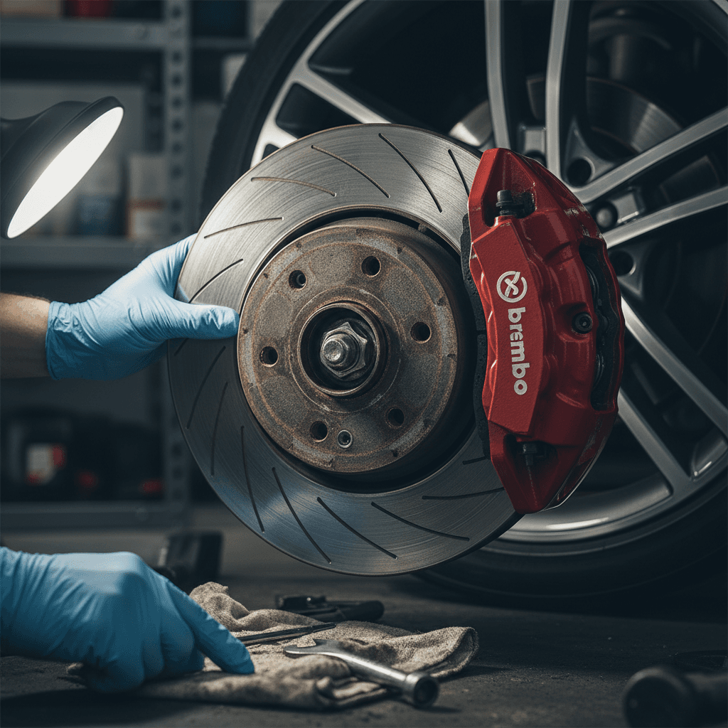 Close-up of a mechanic's hands inspecting a brake rotor and caliper
