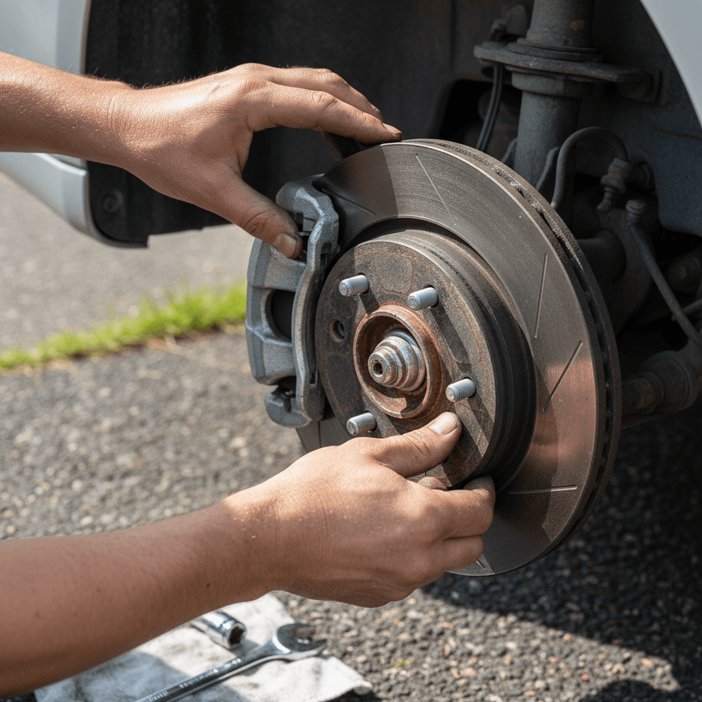 Mechanic fitting a new brake pad onto a car rotor outside a home