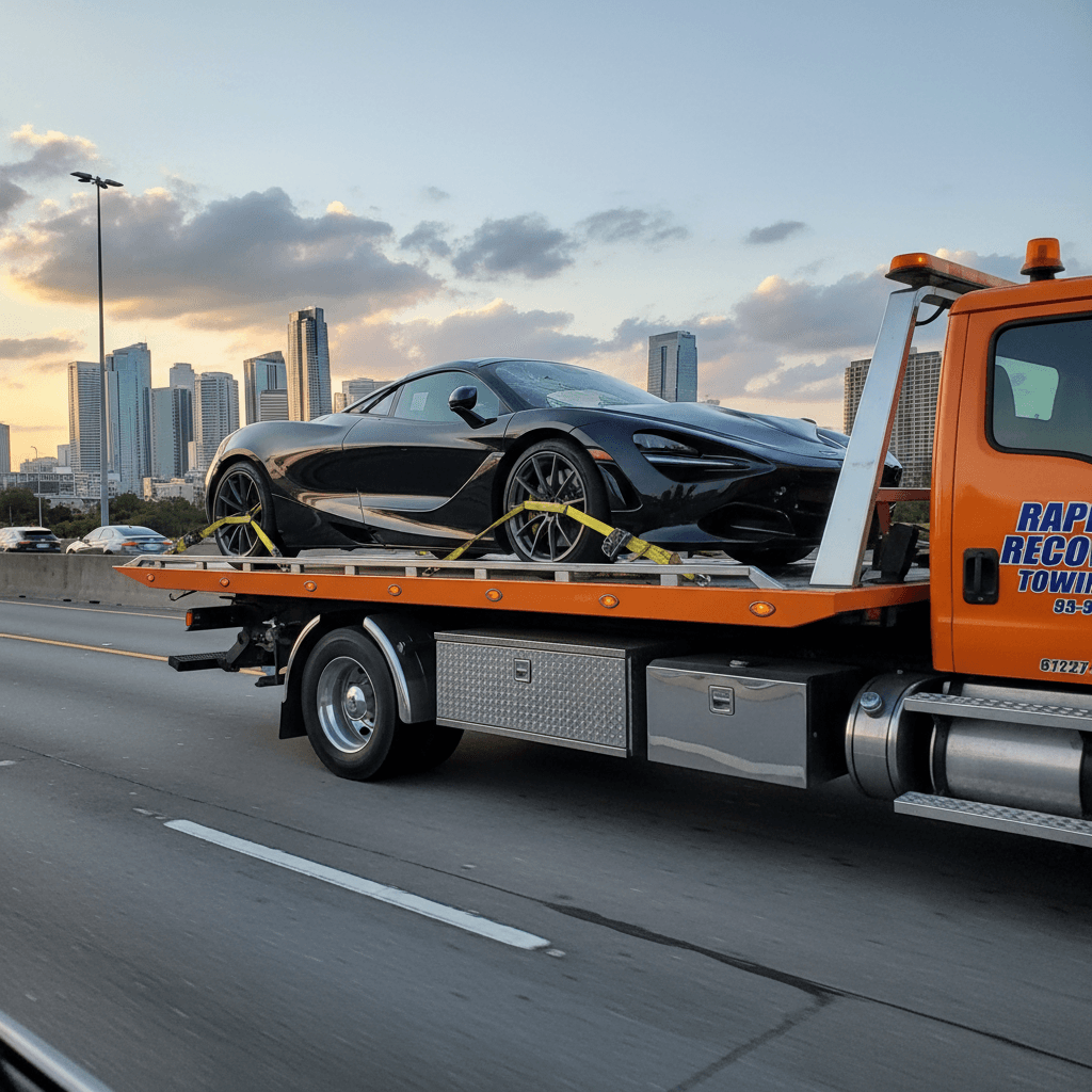 Car secured on the bed of a flatbed tow truck