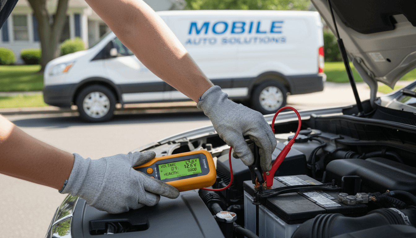 Mobile mechanic checking a car battery in a driveway