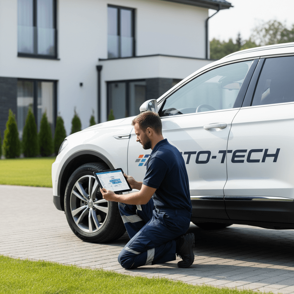Technician kneeling beside a white SUV in a driveway, tablet in hand