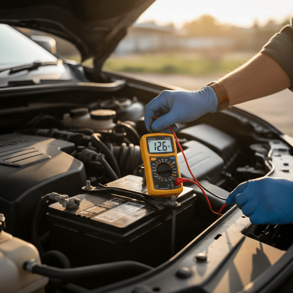 Technician testing a car battery with a digital multimeter in an open engine bay