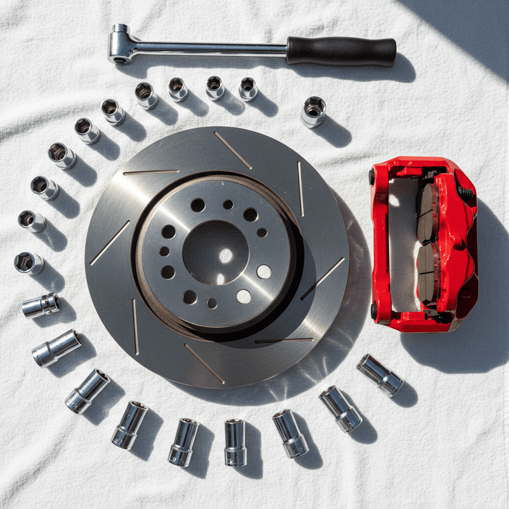 Brake rotor and caliper with tools laid out on a cloth