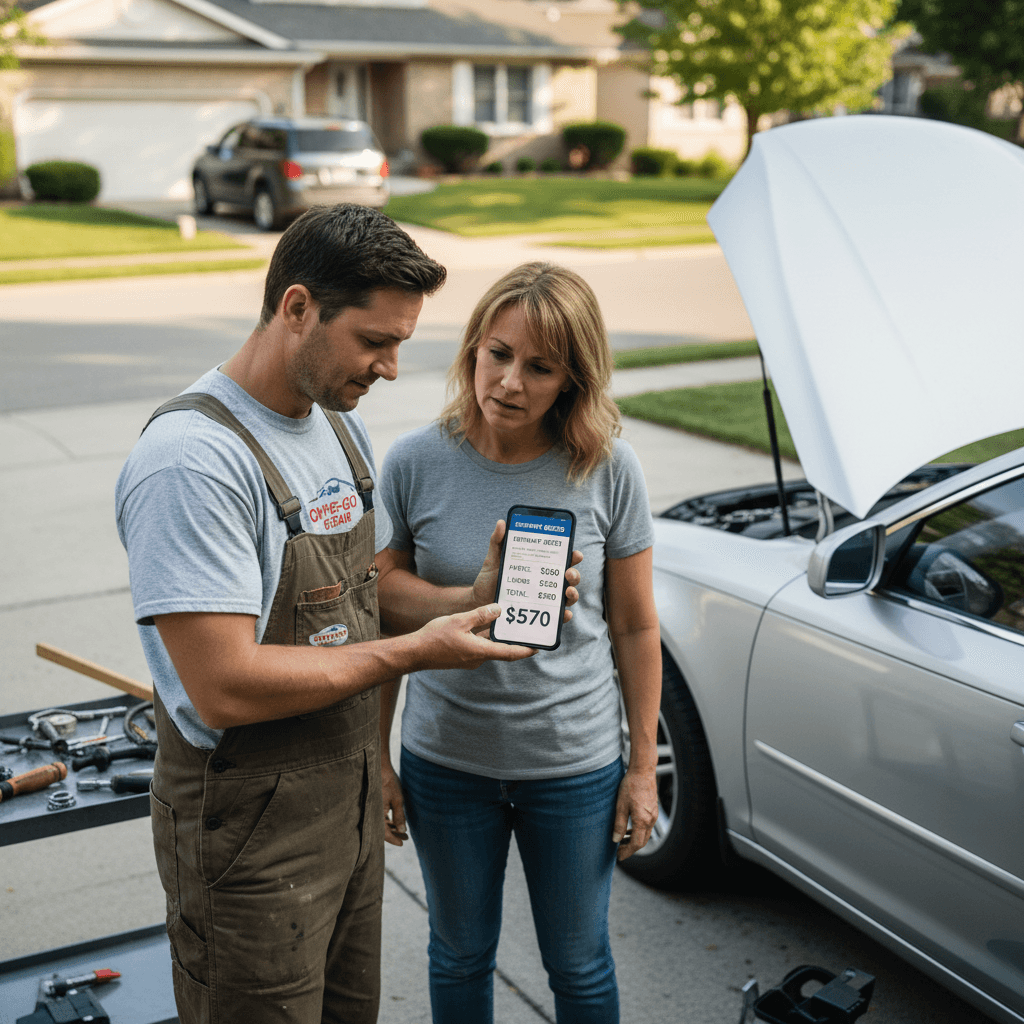 Mobile mechanic showing estimate to customer