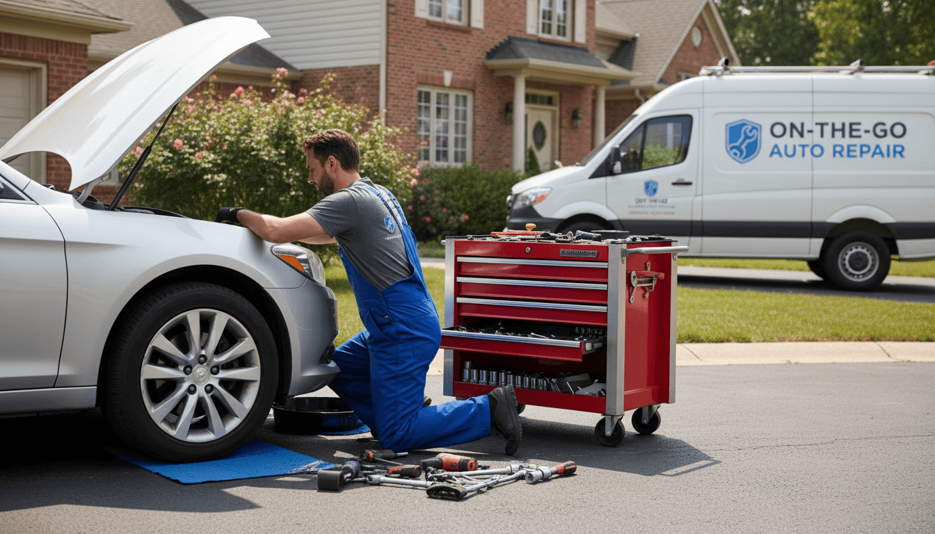 Mobile mechanic working on a car in a residential driveway with tools and van nearby