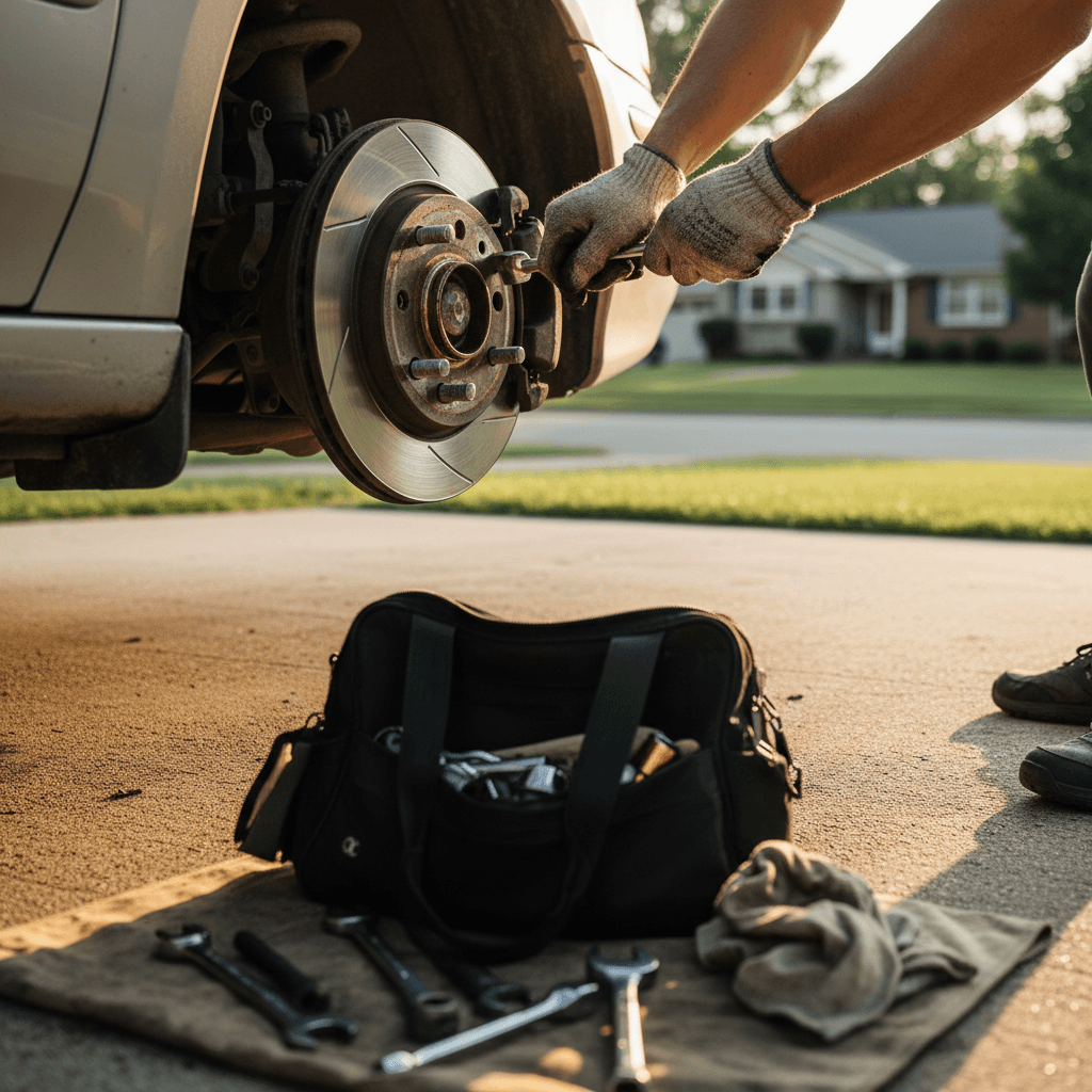 Mobile mechanic installing a new brake rotor on a car in a Virginia Beach driveway