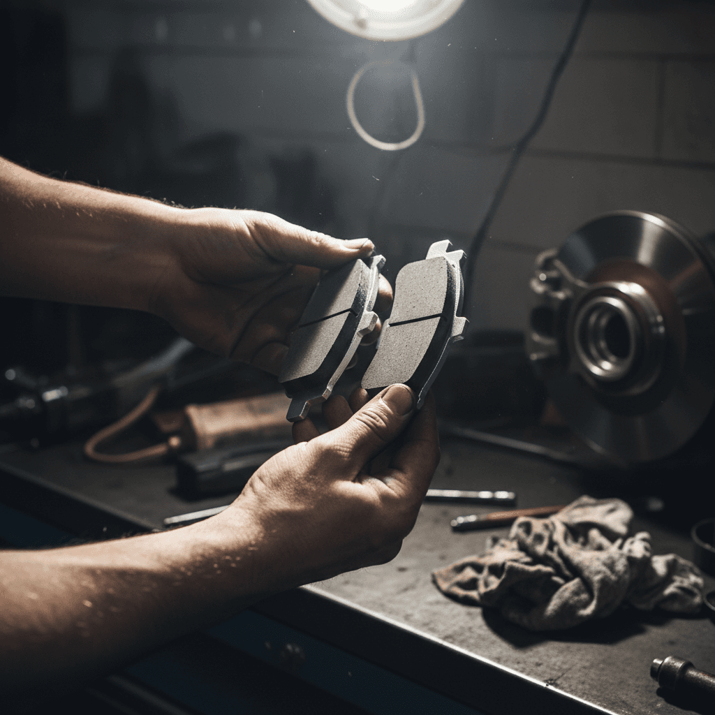 Close-up of new brake pads held by a mechanic