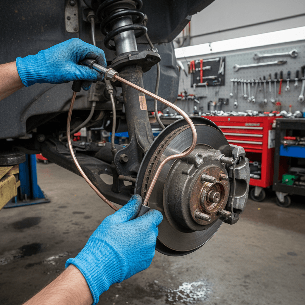 Mechanic's hands installing a new brake line