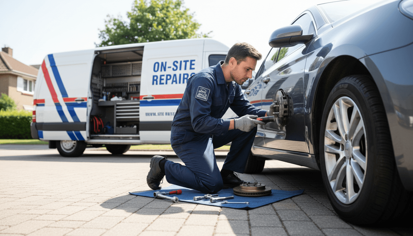 Mechanic inspecting car brakes on-site at a customer's home