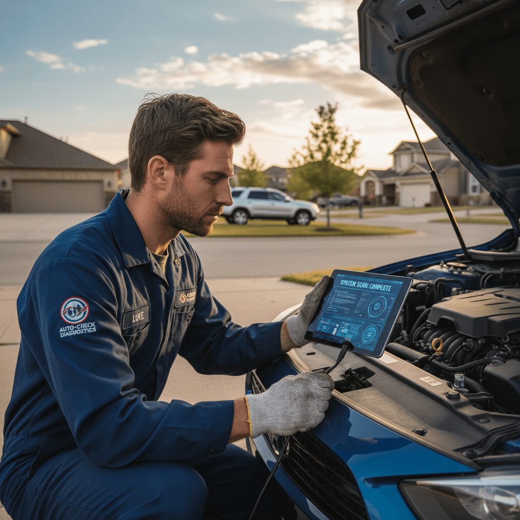 Mechanic using a digital diagnostic tablet beside a car