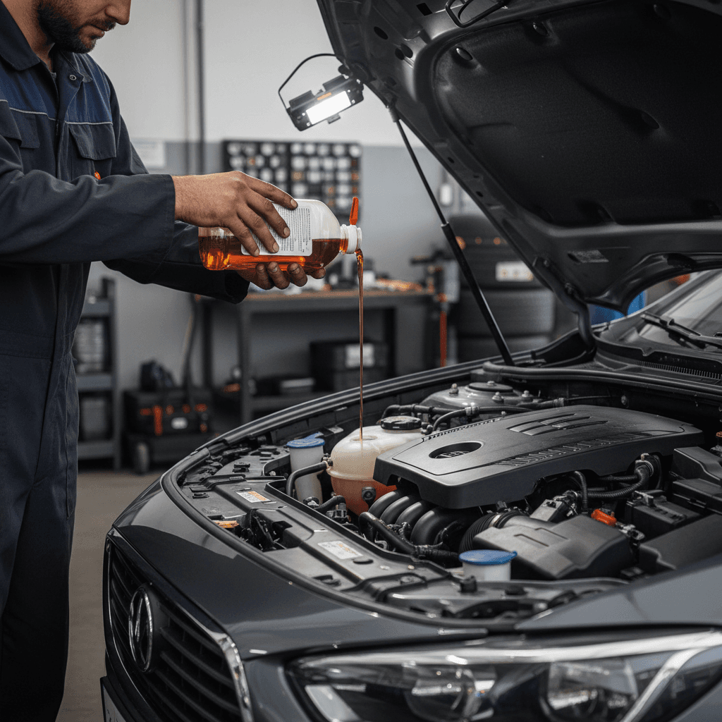 Mechanic pouring fresh brake fluid into a vehicle reservoir