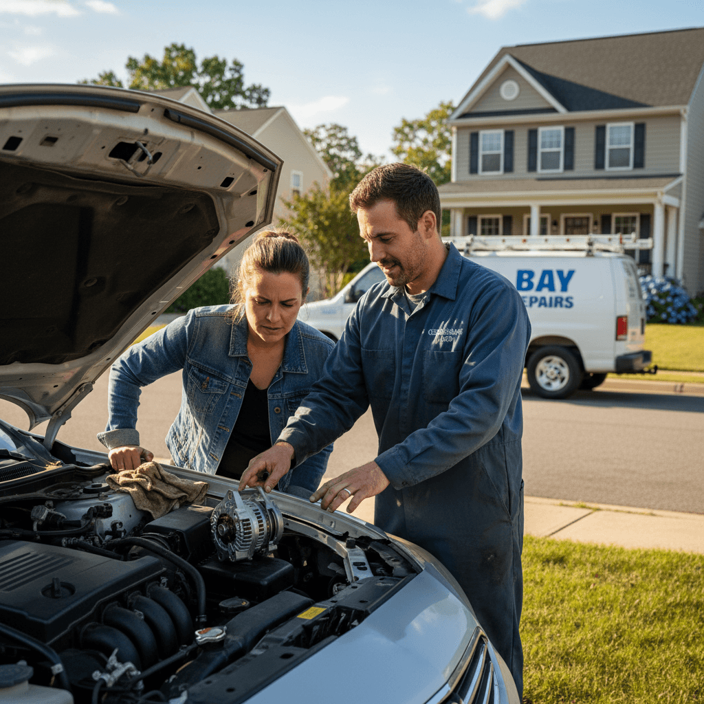 Mechanic explaining a replacement part to a customer at their home in Chesapeake