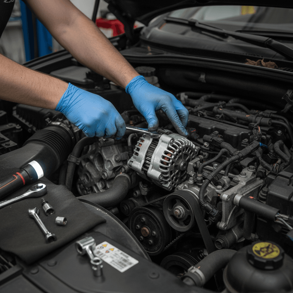 close up of mechanic hands carefully installing a new alternator into a car engine bay