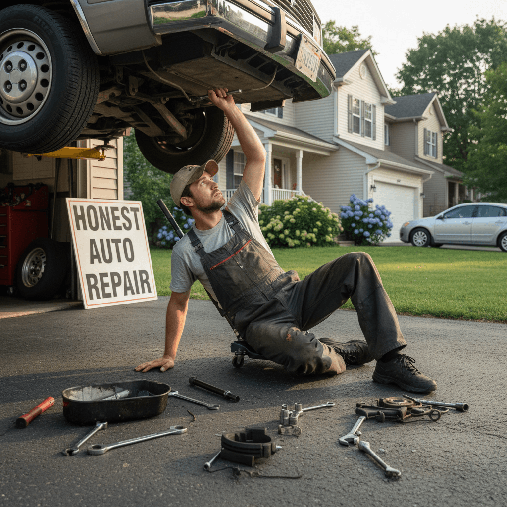 Mechanic working on a brake line underneath a car in a driveway