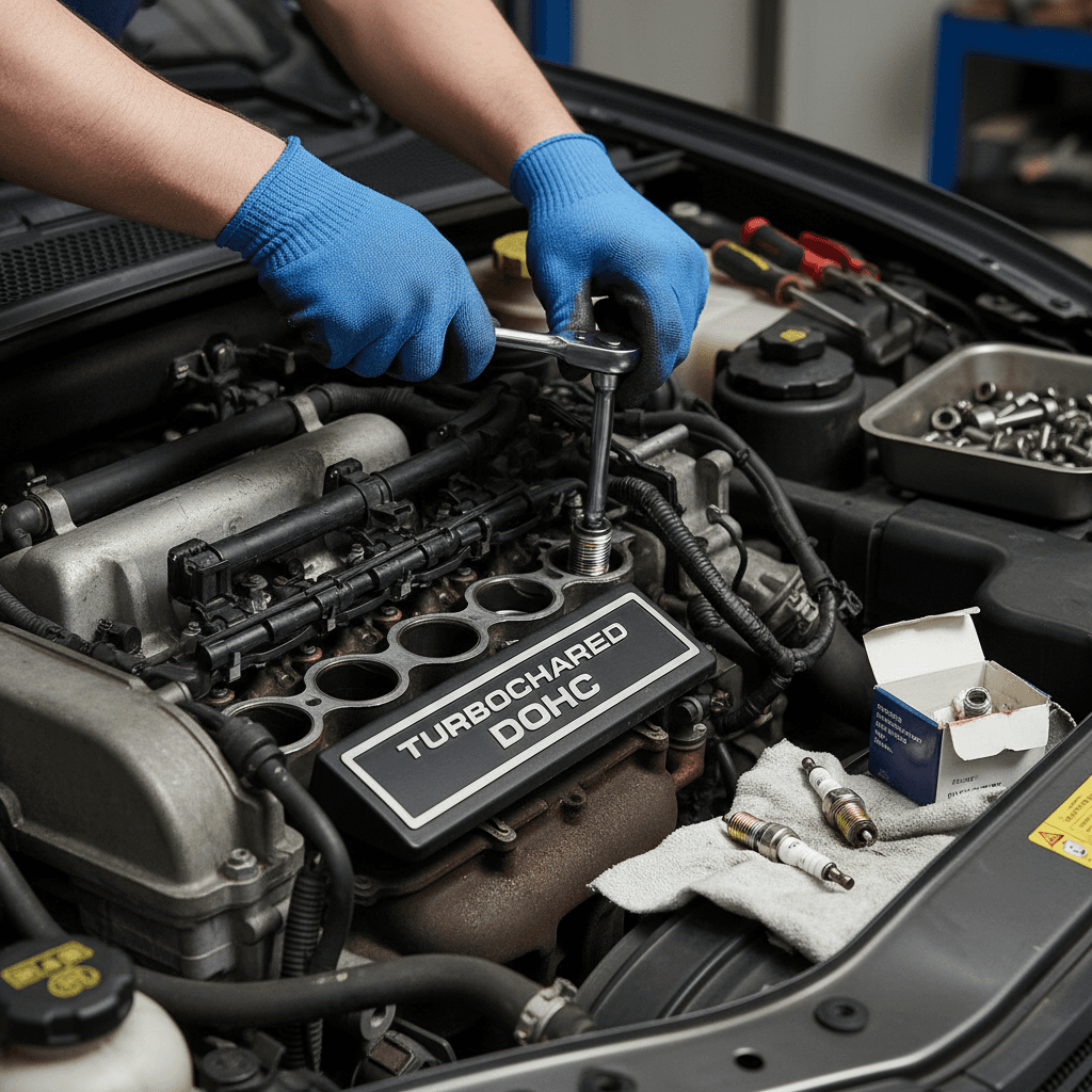 Mechanic replacing spark plugs in a car engine with a ratchet