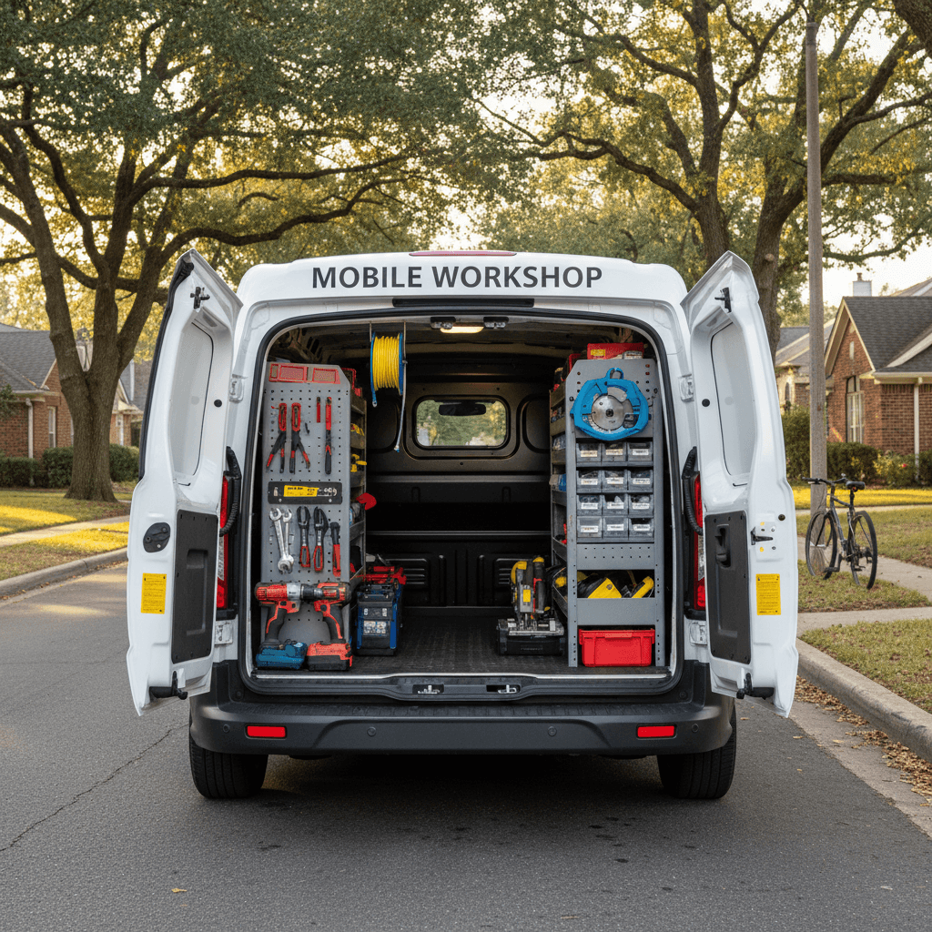 Compact utility van parked on a quiet residential street with its rear doors open