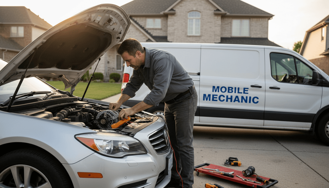 Mobile mechanic checking a car alternator under the hood