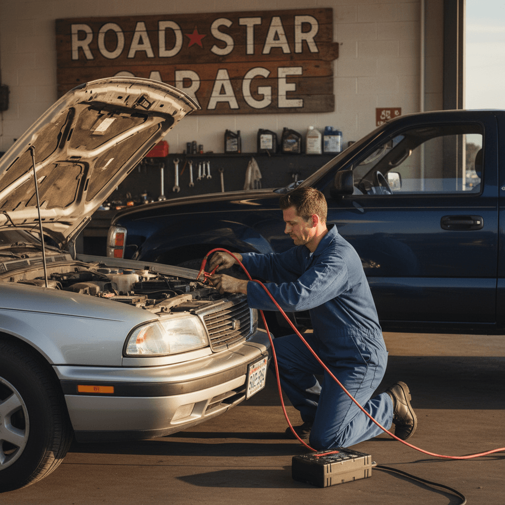 Mechanic using jumper cables to jump start a car battery