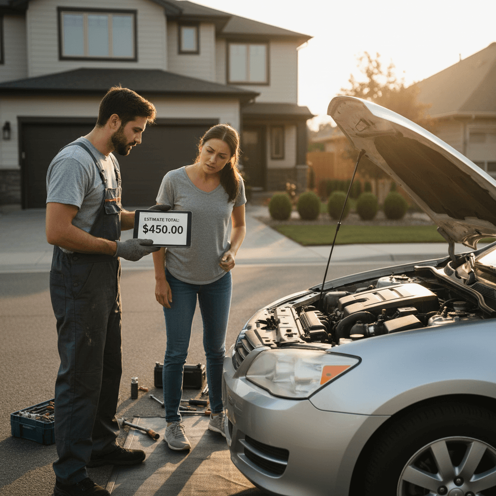 mobile mechanic reviewing a written estimate with a car owner in a residential driveway