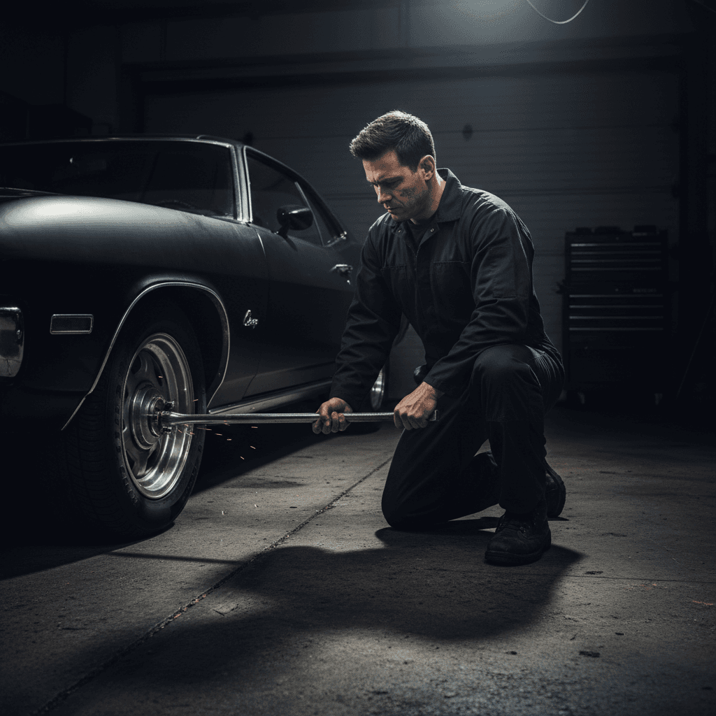 Mechanic kneeling beside a car removing a lug nut on a driveway