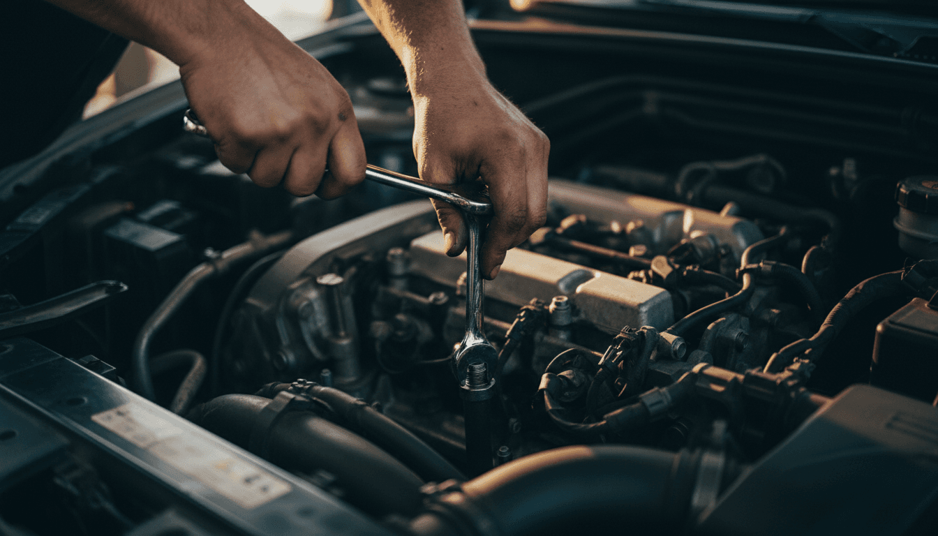 Mechanic's hands tightening an engine bolt with a wrench during on-site vehicle repair