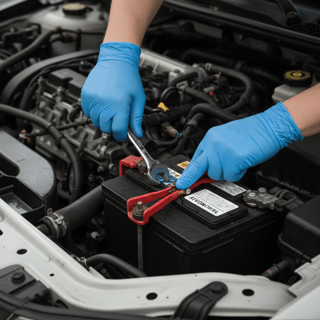 Close-up of a technician's gloved hands securing a battery terminal in an open engine bay