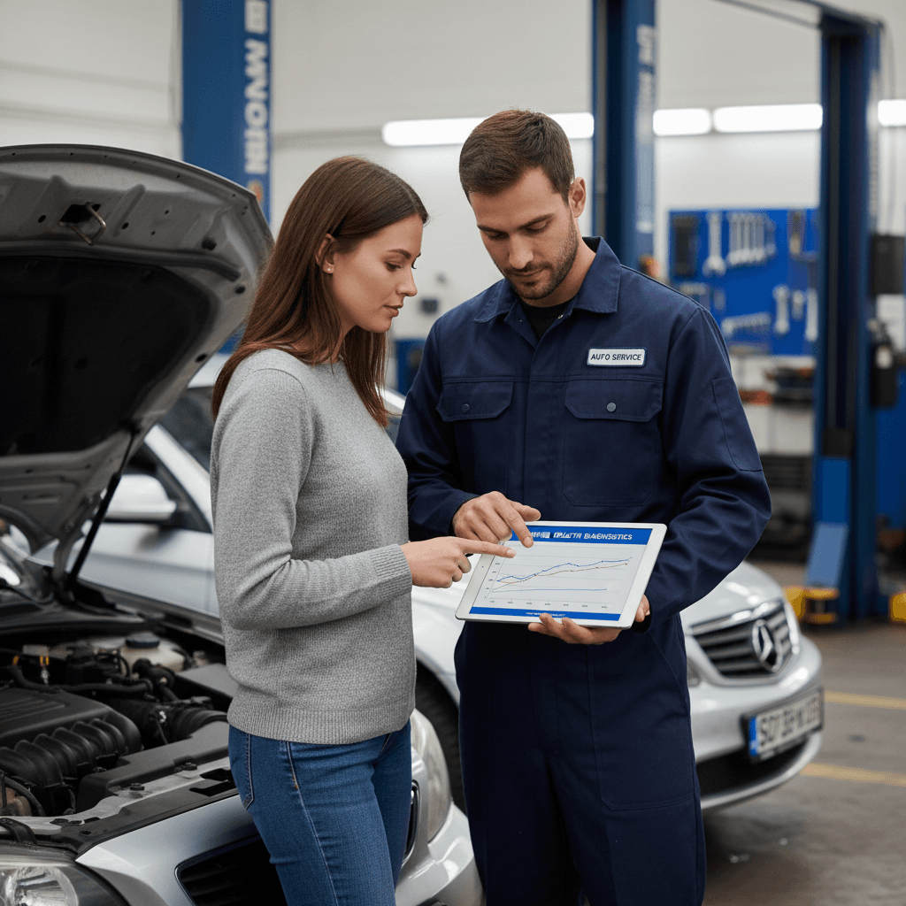 Mechanic showing an open tablet screen with a chart to a customer next to a car