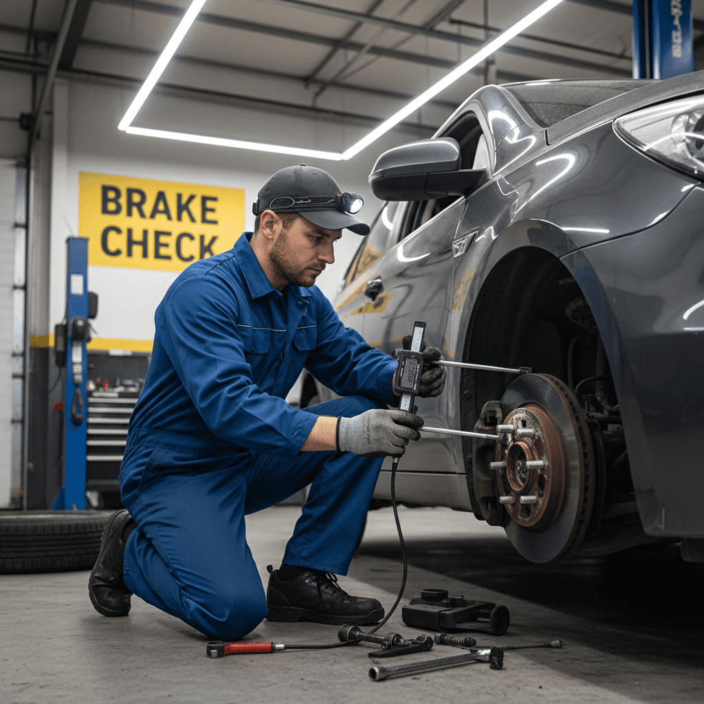 Mechanic inspecting a brake caliper with a tool on a car wheel