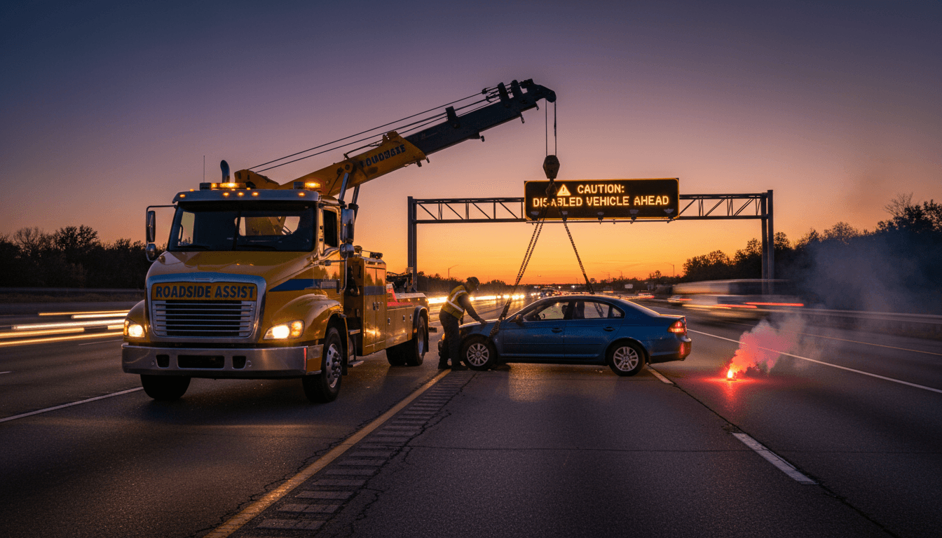 Tow truck lifting a car on the side of a road