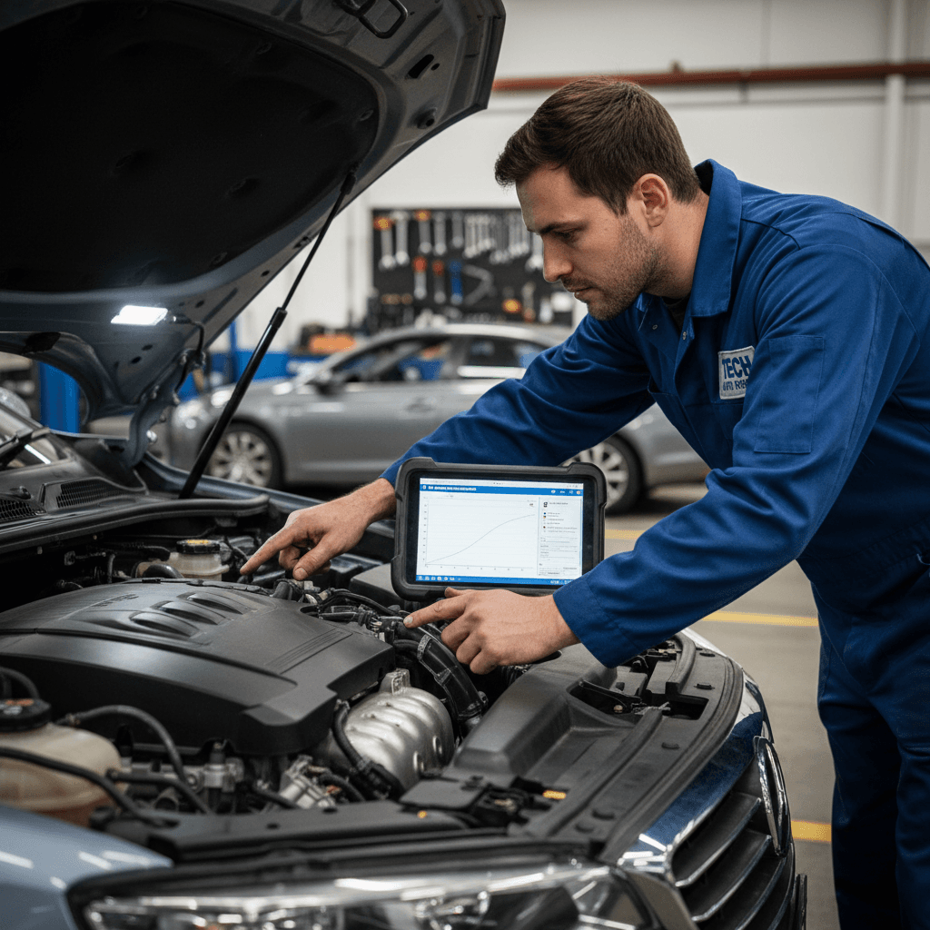 Mechanic in work shirt inspecting an engine bay with a diagnostic reader