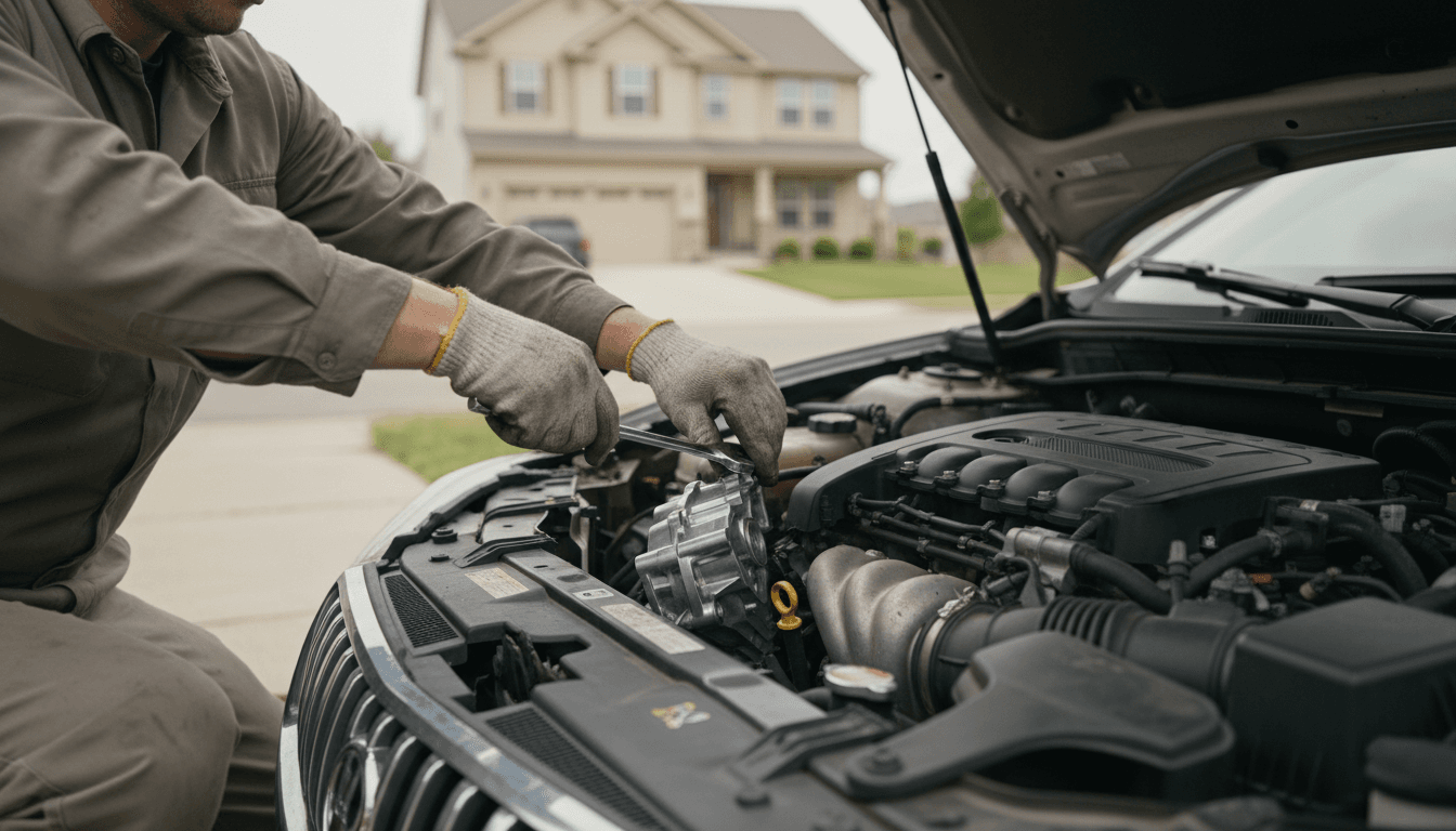 Mobile mechanic installing a part under the open hood of a car in a residential driveway