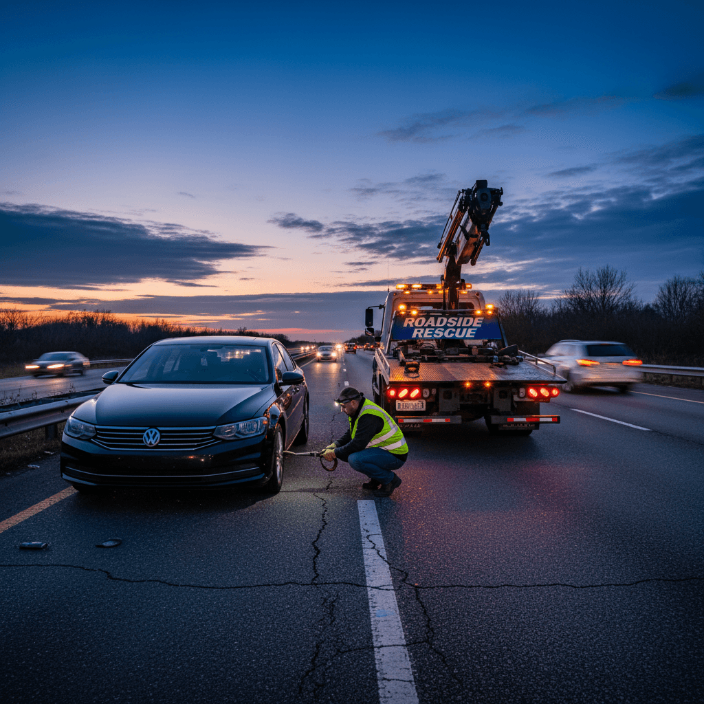 Tow truck operator securing a car on a highway roadside