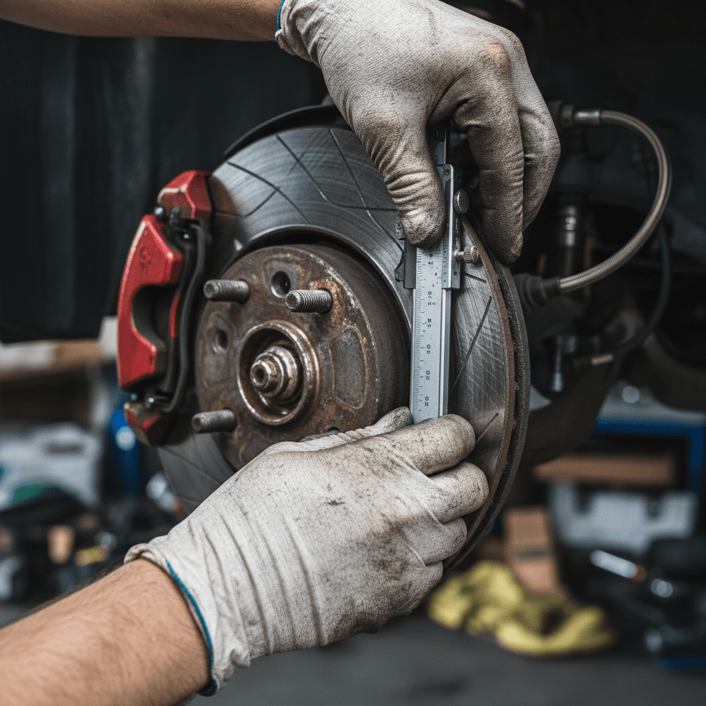 Mechanic inspecting a brake rotor for wear