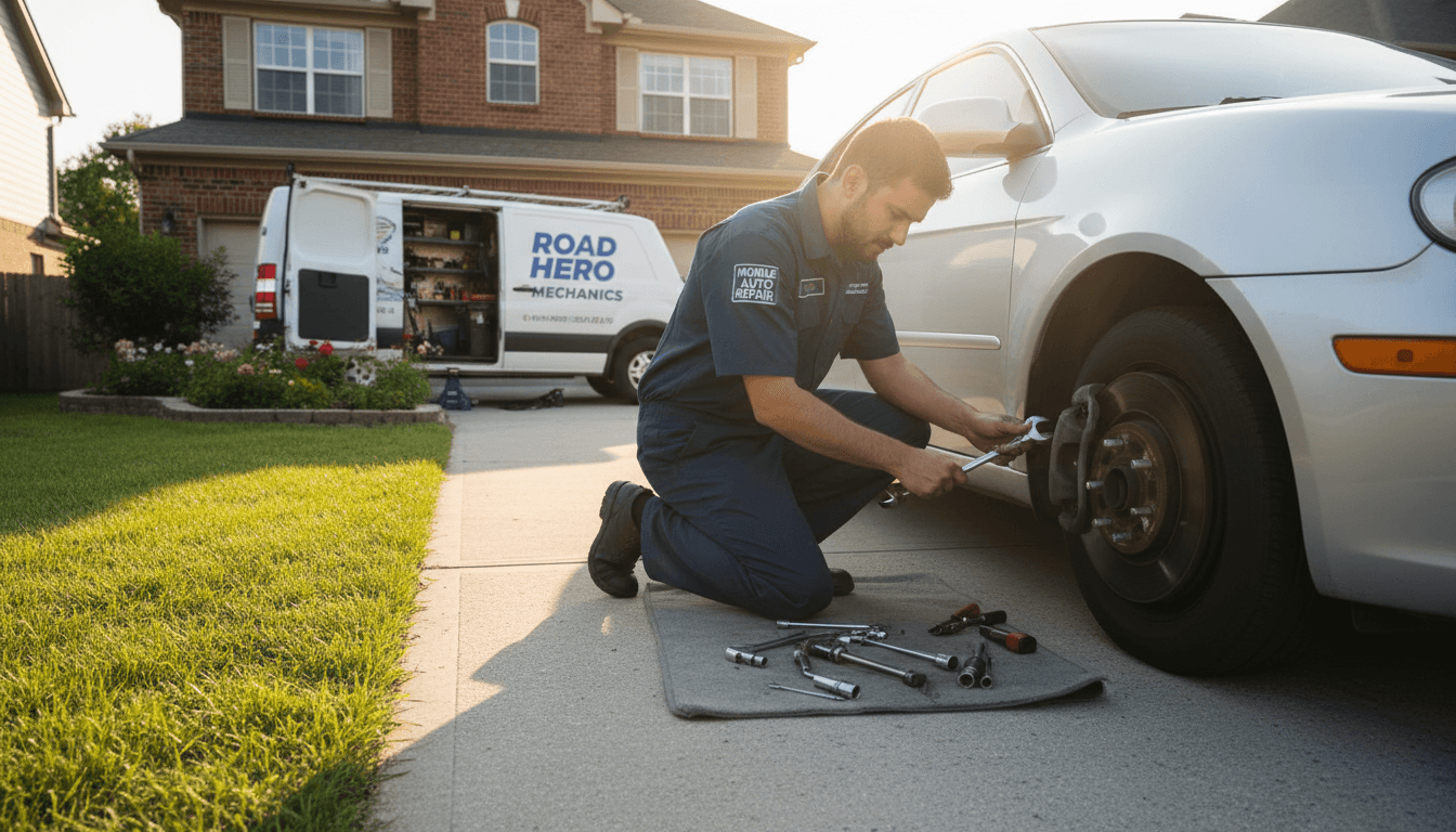 Mobile mechanic inspecting brake disc on a vehicle at a home driveway