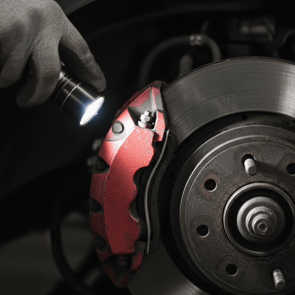 Close-up of a brake caliper being inspected with a flashlight