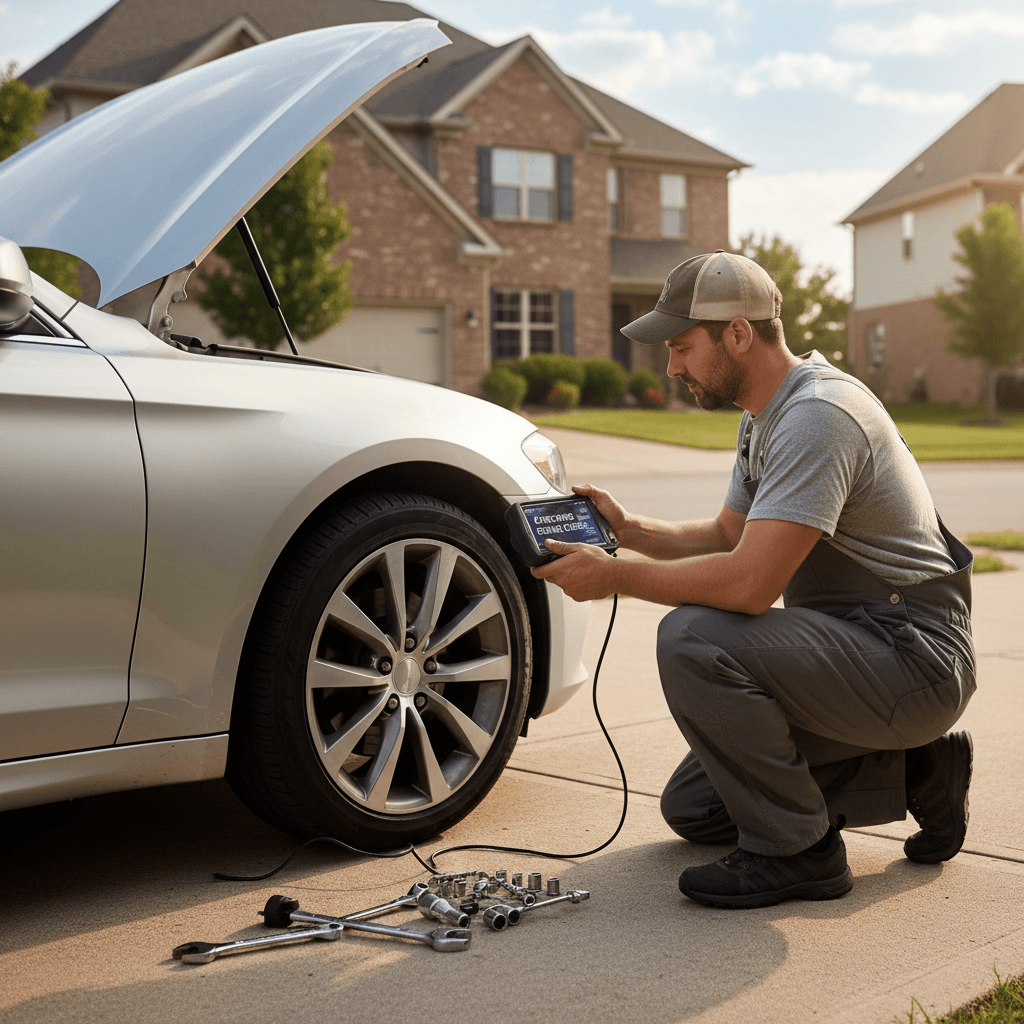 Mechanic using diagnostic scanner on car in driveway checking engine codes