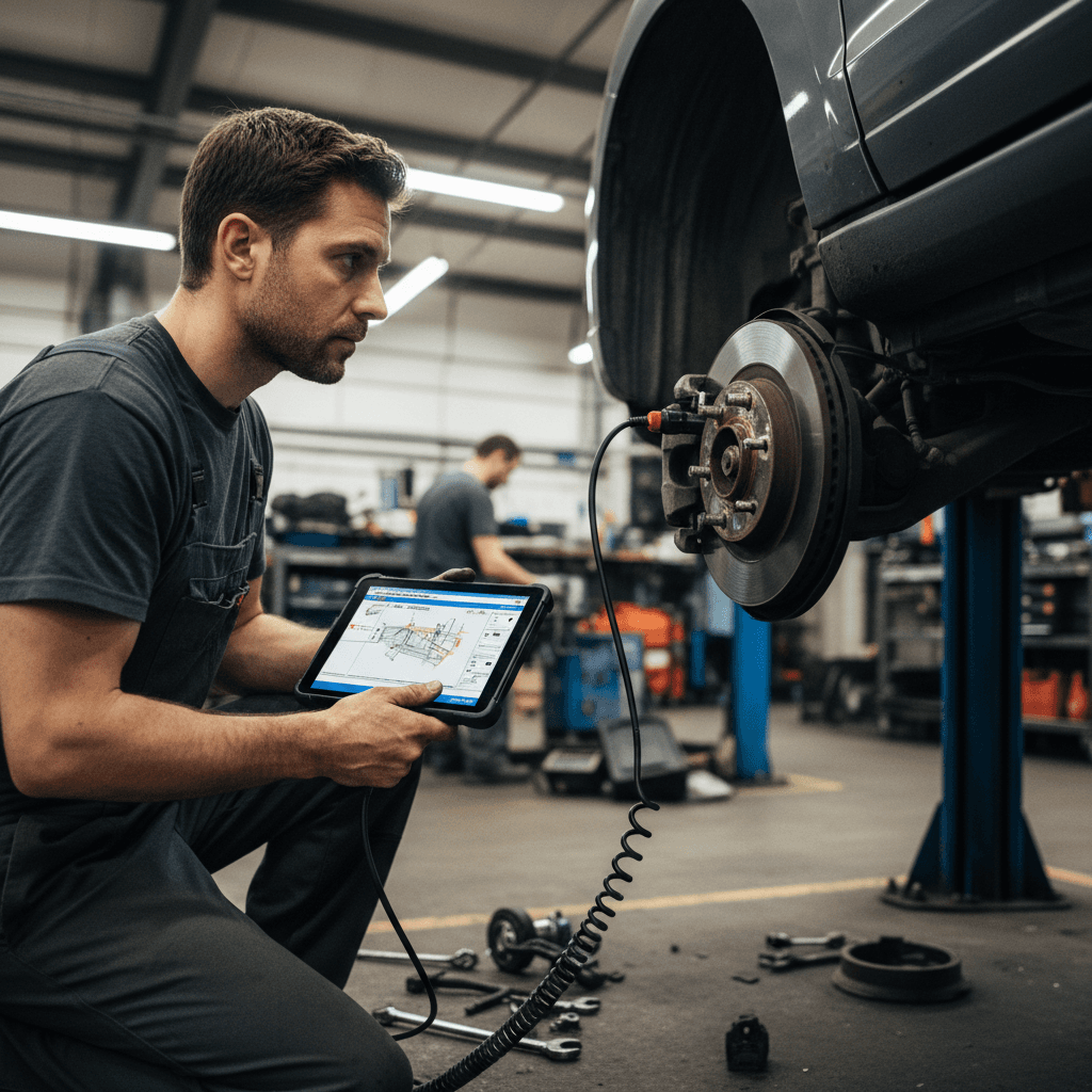 Mechanic using a diagnostic tool on a brake system