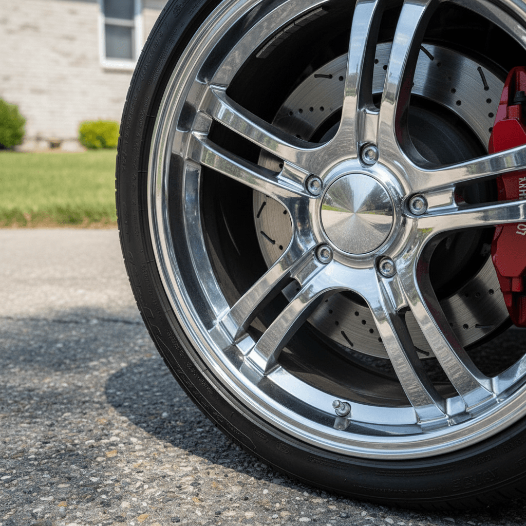 Bright new brake rotor visible behind a removed car wheel