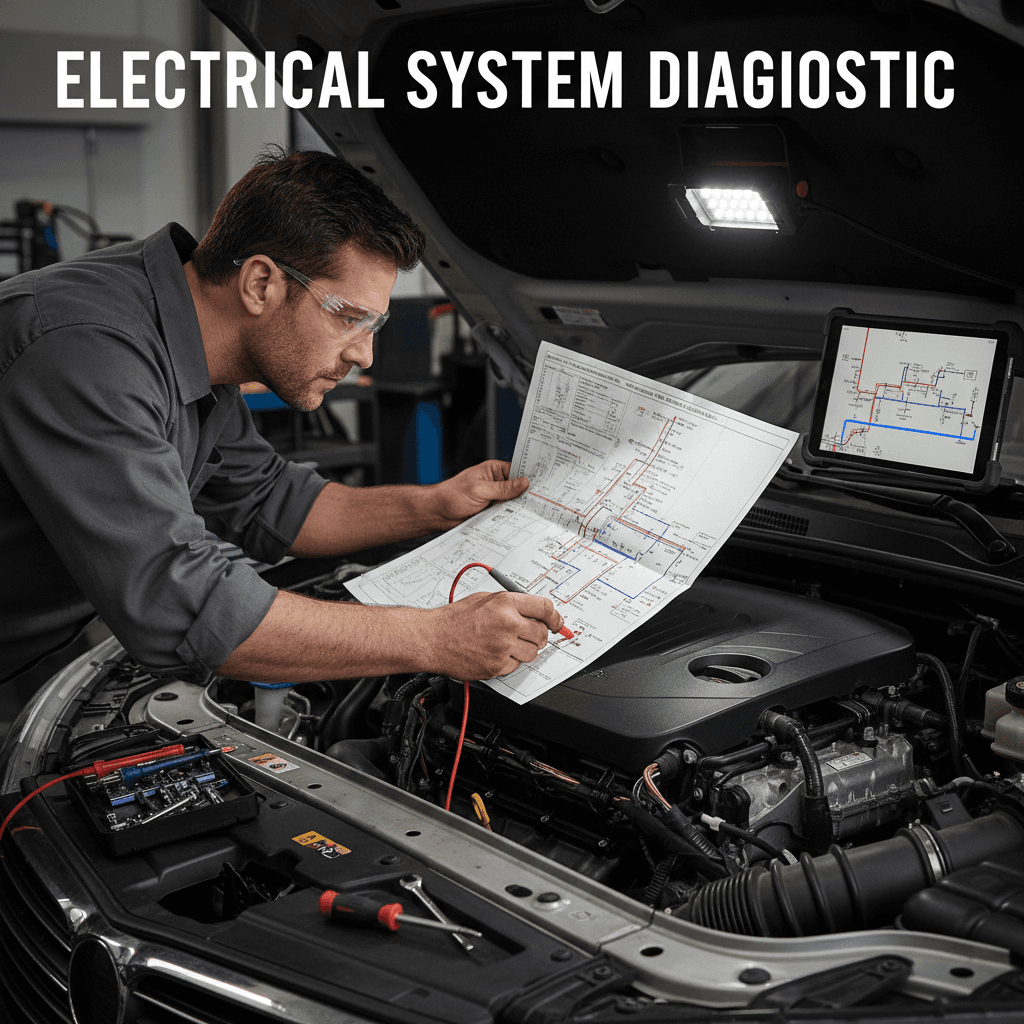 Mechanic tracing an electrical issue using a wiring diagram in a car engine bay