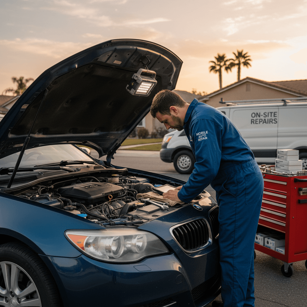 Mobile mechanic in work clothes inspecting an open car engine bay