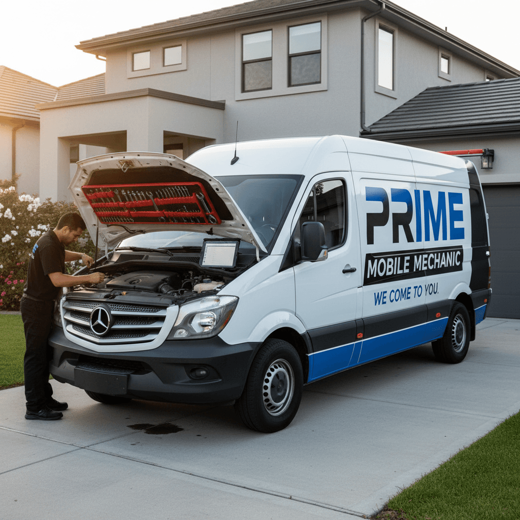 Mobile mechanic van parked in a driveway with the hood open and tools ready