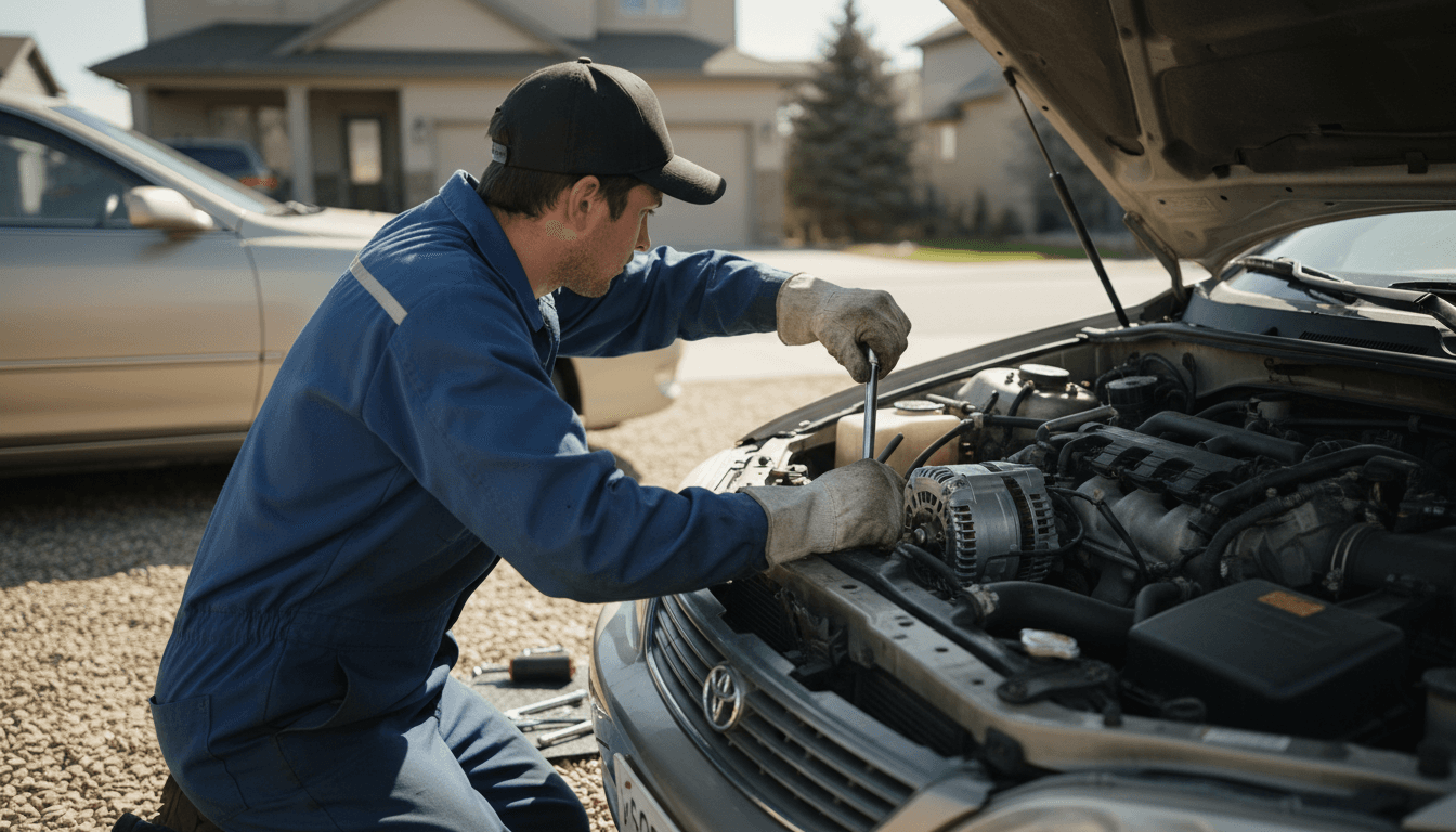 Mobile mechanic replacing a car part in a residential driveway