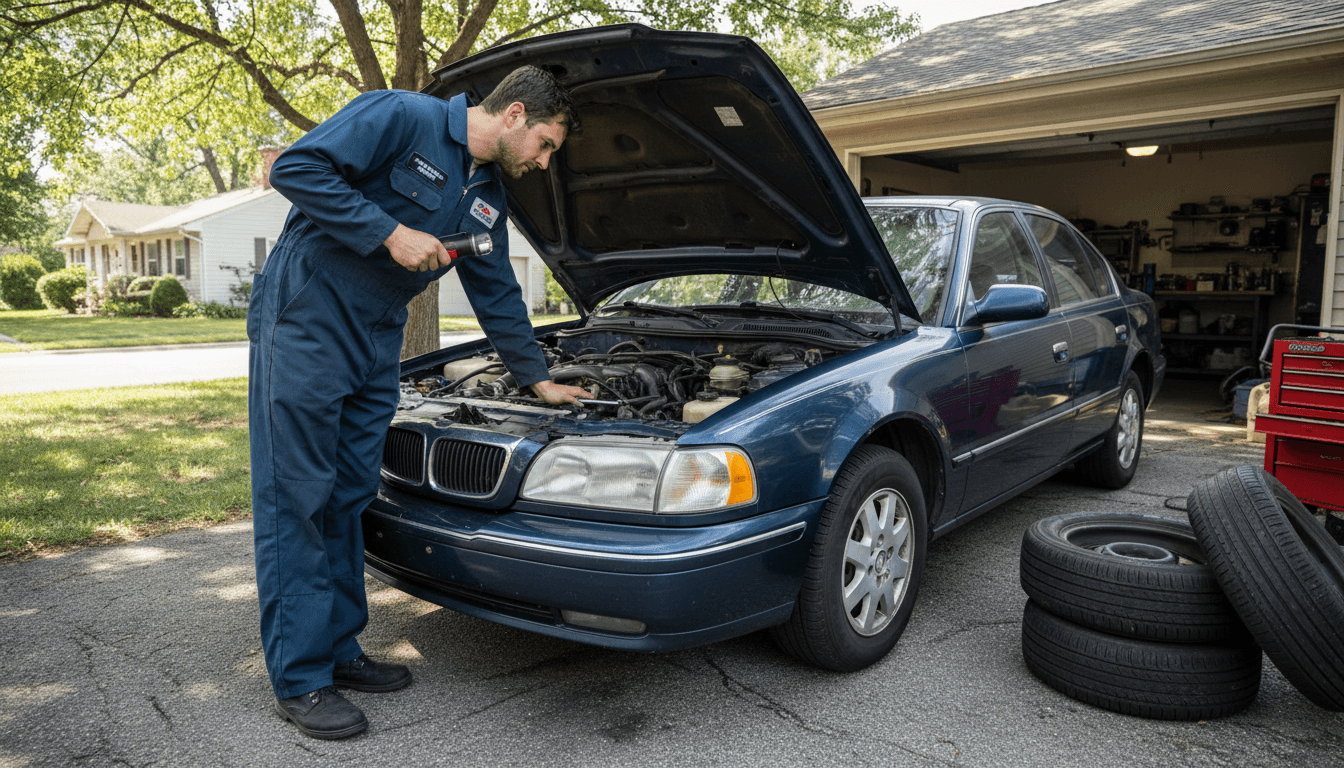 Mobile mechanic inspecting a used car engine before purchase