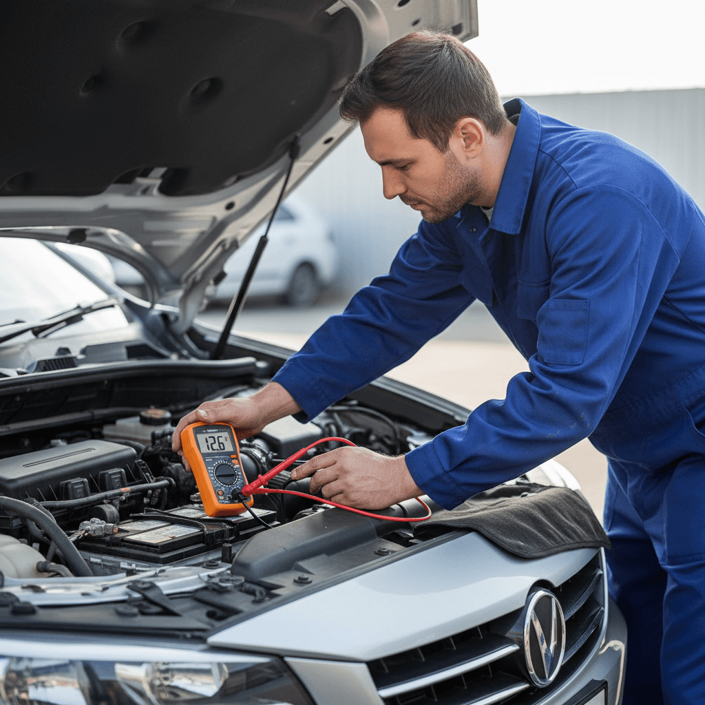 Mechanic testing a car battery with a digital multimeter under the open hood