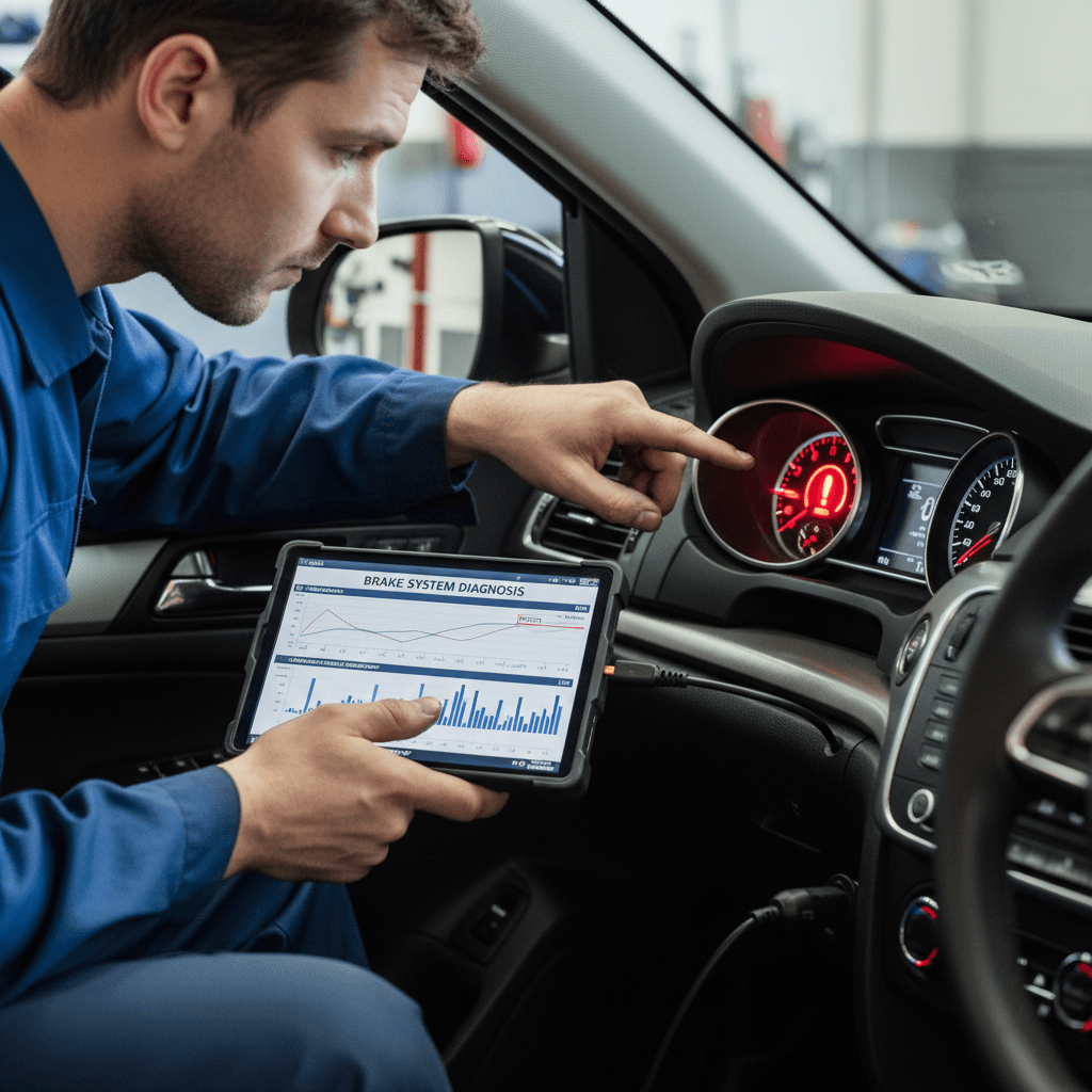 Mechanic connecting a diagnostic scanner to a car's OBD port while the brake warning light is on